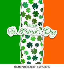 Vector illustration for st. Patrick's day, national holiday of Ireland. Flag with green and orange stripes and many shamrock leaves between them. The edges stylized as torn paper