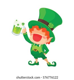 Vector Illustration of St. Patrick's Day Happy Leprechaun With Mug of Green Beer for Greeting Card.
