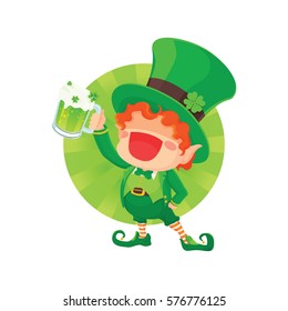 Vector Illustration of St. Patrick's Day Happy Leprechaun With Mug of Green Beer for Greeting Card.
