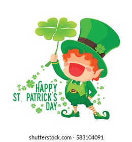 Vector Illustration of St. Patrick's Day Happy Leprechaun with Four Leaf Shamrock. Lucky Clover. for Greeting Card.
