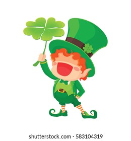 Vector Illustration of St. Patrick's Day Happy Leprechaun with Four Leaf Shamrock. Lucky Clover. for Greeting Card.