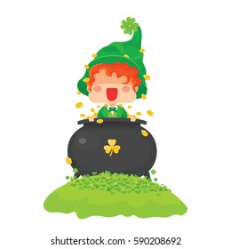 Vector Illustration of St. Patrick's Day Happy Leprechaun with Pot of Gold Coins for Greeting Card.
