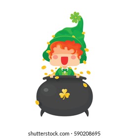Vector Illustration of St. Patrick's Day Happy Leprechaun with Pot of Gold Coins for Greeting Card.
