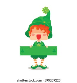 Vector Illustration of St. Patrick's Day Happy Leprechaun with Greeting Sign for Greeting Card
