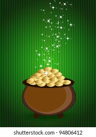 Vector illustration of St. Patrick's day background with gold coins earthenware on green stripes.