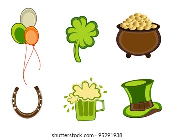 Vector illustration of St. Patrick's Day elements on white isolated background.