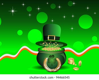 Vector illustration of St. Patrick's Hat, pot and gold coins on shiny stars background for St. Patrick's Day.