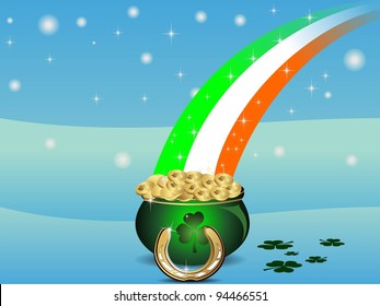 Vector illustration of St. patrick's pot with gold coins and flag of ireland for St. Patrick's Day.