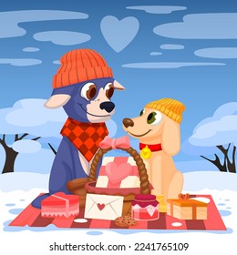 The vector illustration of St. Valentine's Day with dogs in nature in February drawn.
