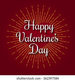 Vector illustration of St. Valentines Day greeting card design template with golden glittering rays. Happy Valentines Day lettering.