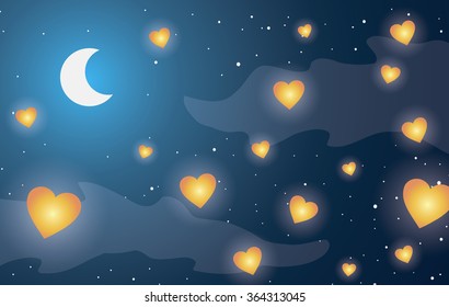 Vector illustration. St. Valentine's Day. Glowing hearts are flying on the background of the moon.