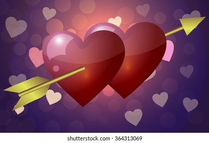 Vector illustration. St. Valentine's Day. Two red hearts pierced by an arrow on the background of pink hearts.