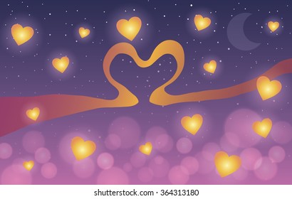 Vector illustration. St. Valentine's Day. Glowing hearts are flying on the background of the moon.