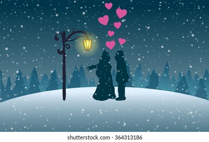 Vector illustration. St. Valentine's Day. Couple in love on the background lantern and snow.