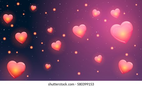 Vector illustration. St. Valentine's Day. Glowing hearts are flying in sky.