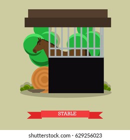 Vector illustration of stable or horse breeding farm with chestnut horse and haystack. Flat style design element.