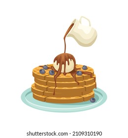 Vector illustration of a stack of Belgian waffles with a ball of ice cream, blueberries. The waffle is poured with chocolate sauce from a saucepan.