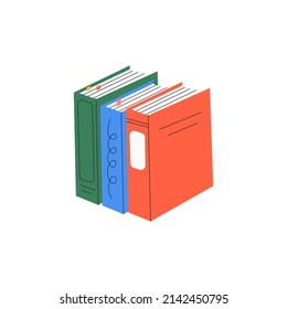 Vector illustration of stack of book with bookmarks. Back to school, education, literacy day. Book club member. Poetry lover. Time to reading. Bookstore, library. Morning pages, diary