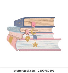 Vector illustration of a stack of books with beautiful bookmarks. Reading theme, stack of novels. Library and bookshelf elements, study and education-themed design. Flat clipart (isolated object).