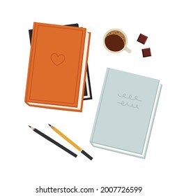 Vector illustration of the stack of books, cup of coffee with chocolate, and pencils, isolated on white. Hand-drawn set. Objects for learning, reading, school tools. Top view.