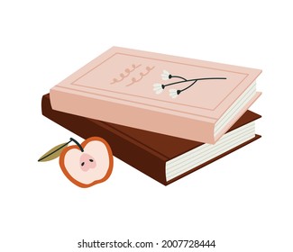 Vector illustration of the stack of books, flowers, and half of the apple, isolated on white. Hand-drawn set. Objects for learning, reading, school tools. Suitable for book shops, and publishing house