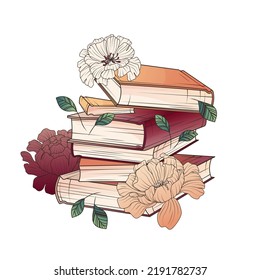 Vector illustration of stack of books with flowers and leaves isolated on white. Hand-drawn illustration for decoration of bookstore, library, card design, poster, banner. 