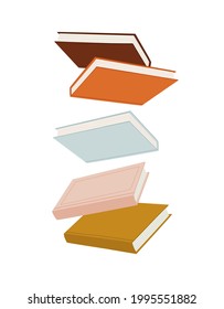 Vector illustration of a stack of books, flying in the air. Hand-drawn set, in flat style. The concept of objects for learning, reading, school tools. Suitable for book shops, and publishing houses.