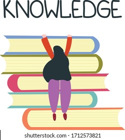 vector illustration a stack of books and the girl who climbs them - symbolizes the acquisition of knowledge and self-development, love of reading
