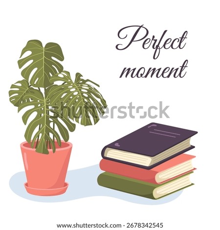 Vector illustration of a stack of books with a houseplant in a pot. Colored postcard for World Book Day. Image of fiction. Picture with books isolated on white background