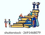 Vector illustration of a stack of books and little people, students, applicants and bachelors. Higher education concept.