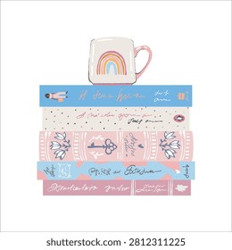 Vector illustration: a stack of books and a mug. Themes: reading, home, coziness. A stack of novels. Library and bookshelf elements, study and education-themed design. Flat clipart in pastel colors