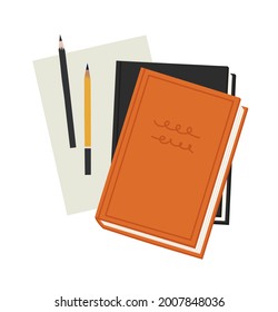 Vector illustration of the stack of books, paper, and pencils, isolated on white. Hand-drawn set. Objects for learning, reading, school tools. Top view. Suitable for book shops, and publishing houses.