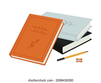 Vector illustration of the stack of books, pencil sharpener, and pencils, isolated on white. Hand-drawn set. Objects for learning, reading, school tools. Top view. Suitable for book shops.