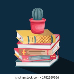 Vector illustration of a stack of books with retro covers and a pot with a cactus on top.