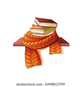 Vector illustration of stack of books in scarf.  Bookstore, library, cozy home, warm fall concept.    