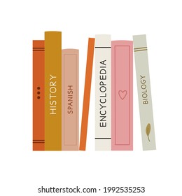 Vector illustration of stack of books and textbooks. Hand-drawn set, in flat style. The concept of objects for learning, reading, school tools. Suitable for book shops, a publishing houses.