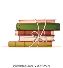 Vector illustration of stack of books tied with rope isolated on white background. Bookstore, bookshop, library, book lover, bibliophile, education concept.