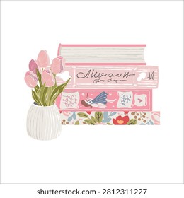 Vector illustration: a stack of books and tulips in a vase. Themes: reading, home, coziness. A stack of novels. Library and bookshelf elements, study and education-themed design. Flat-style clipart.