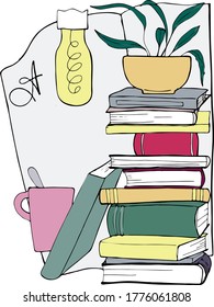 vector illustration stack of books,cup with tea,lamp,flower,book day