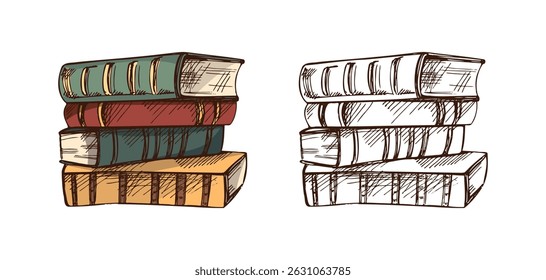 Vector illustration of a stack of classic closed books, shown in two versions: colorful and monochrome. Engraving-style hand drawn sketch perfect for educational, editorial.