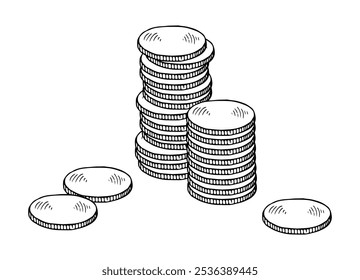 Ilustración vectorial de una pila de monedas. Este boceto dibujado a mano presenta varias monedas, que simbolizan el crecimiento financiero y la gestión de la riqueza. El arte de contorno en blanco y negro