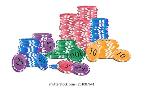 Vector illustration. Stack of colored casino chips isolated on white background.