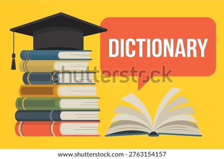 Vector illustration of a stack of colorful books with a graduation cap and an open book with dictionary definition, symbolizing education and learning.