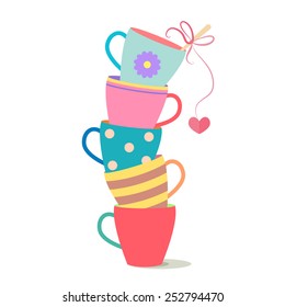 vector illustration of a stack of colorful coffee cups on a white background