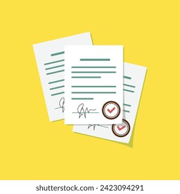 Ilustración vectorial de una pila de documentos de contrato en un fondo amarillo con firmas y sellos. Documentos jurídicos de los contratos, concepto de trabajo con documentos comerciales en la vida profesional y profesional.