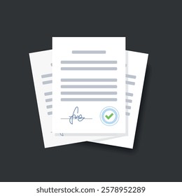 Vector illustration of stack of contract documents, flat cartoon package of agreement documents with signature and approval stamp, document design concept, business icon on isolated background