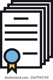 Vector illustration of a stack of documents with a seal, symbolizing certification, achievement, and official records. Perfect for themes of validation, legal matters, and recognition