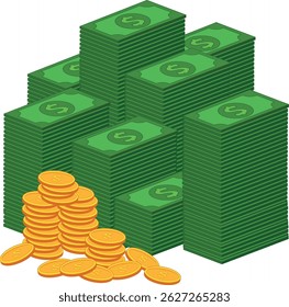vector illustration of stack of dollar bills and gold coins