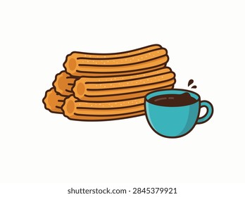 A vector illustration of a stack of fried churros served with a small blue cup of hot chocolate dipping sauce on a white background.