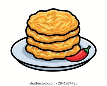 A vector illustration of a stack of golden crispy potato pancakes served on a white plate with a single red chili pepper.